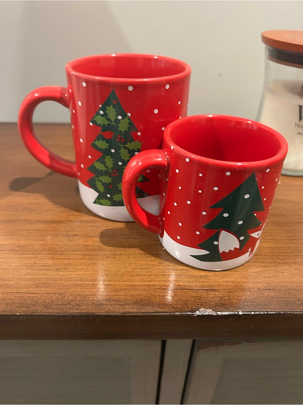 Crate&Barrel Red Ceramic Mugs with Green Tree Motif